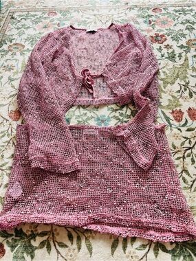 Outcast Crochet Open Knit Cardigan and Skirt Set Large Pink